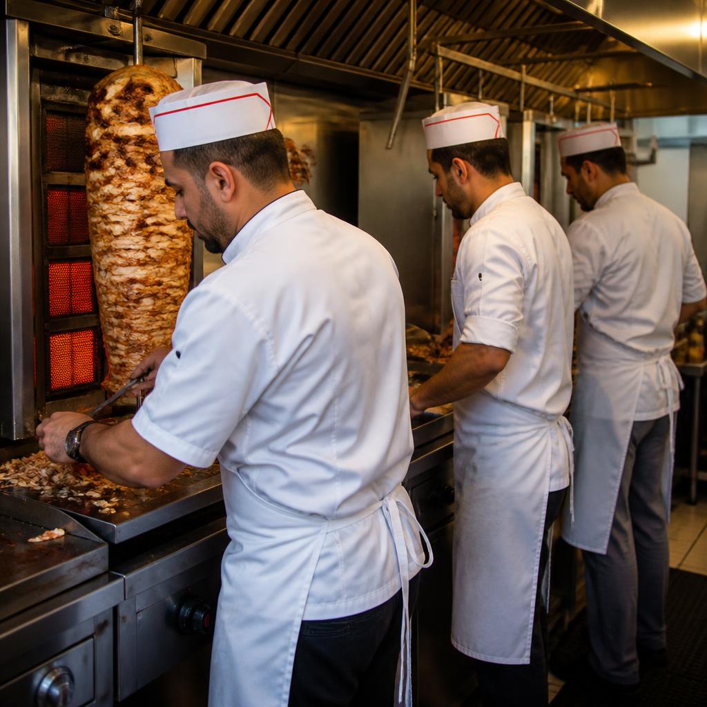 Ibrahim's kitchen team preparing shawarma